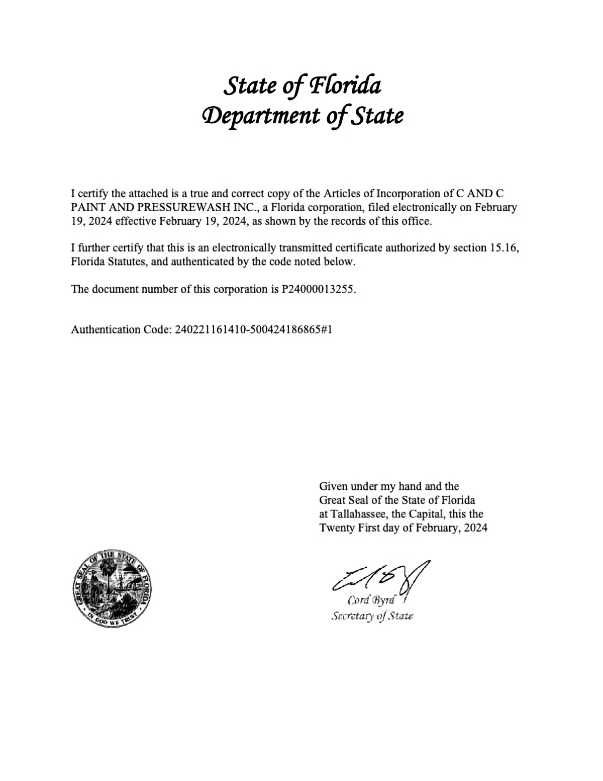 C AND C PAINT AND PRESSUREWASH INC. - FL ARTICLES OF INCORPORATION 20240219 - CERTIFICATE V01 1200x1553